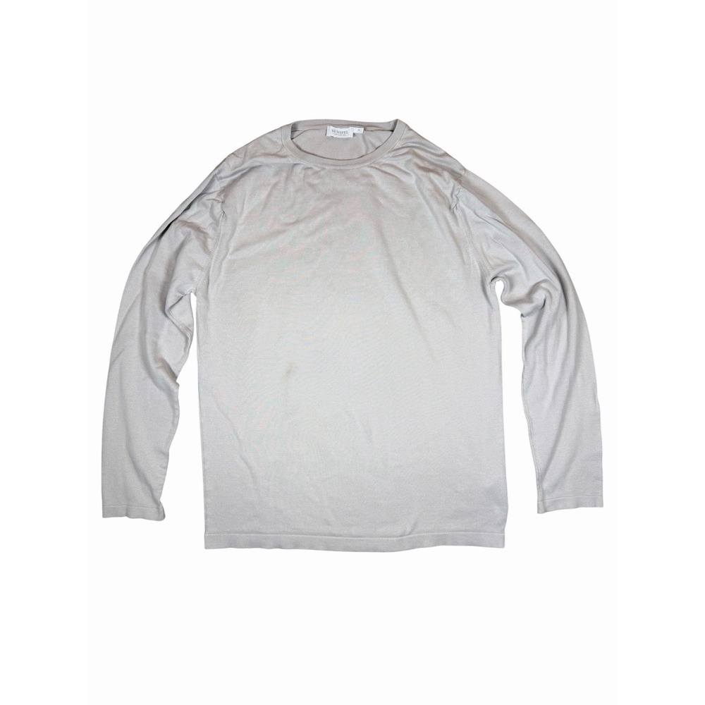 Sunspel Mens Medium Beige Long Sleeve Crewneck Cotton Knit Shirt Luxury England